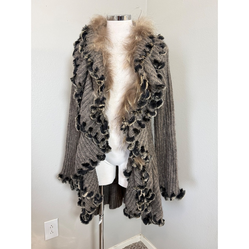 Anzi Y2K Jeans Womens‎ Brown Ribbed Knit Faux Fur Ruffle Trim Cardigan Sweater L
